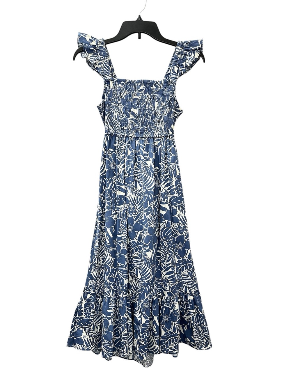 NWT Franki Dress Blue Cream Floral Maxi Smocked Neckline Open Back Youth XL